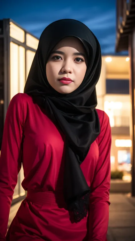 malay girl sexy seducing pose, nighttime city, (mira filzah:1.3), wearing hijab, pastel color hijab, pink , , small breast, flat chest, wide waist, thick thighs bright lighting, big round ass, matured face, slim abs, Nikon D850, Photographie de film ,4 Kod...