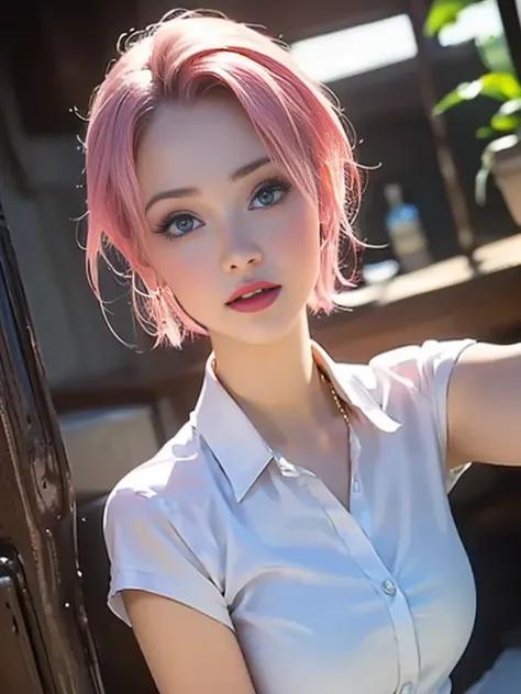 (best quality, 8k, photorealistic:1.5), (solo, one girl:1.5),(shine a bright light on women),(ultimate beautiful girl),(shiny skin),(oily skin),(pink hair:1.5),(short hairstyle:1.3),(cool beauty),Blush brown makeup , dark eye makeup , use pink glossy lipst...