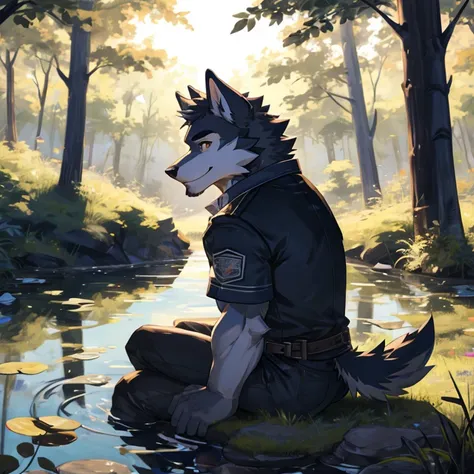 La mejor calidad en el mejor de los casos.), (obra maestra), (ultra-detallado), Sharp focus, niji, Eyes azules, o, Vista lateral，Stand with arms crossed sitting a lake,Looking at the public. smile, pubis peludo, bichos_lobo_orejas de lobo, pelaje blanco cl...