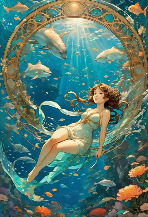 Diving, by Studio Ghibli and Alphonse Mucha, best quality, masterpiece, very aesthetic, perfect composition, intricate details, ultra-detailed