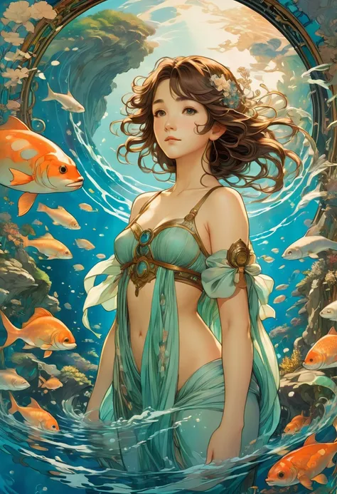 Diving, by Studio Ghibli and Alphonse Mucha, best quality, masterpiece, very aesthetic, perfect composition, intricate details, ultra-detailed