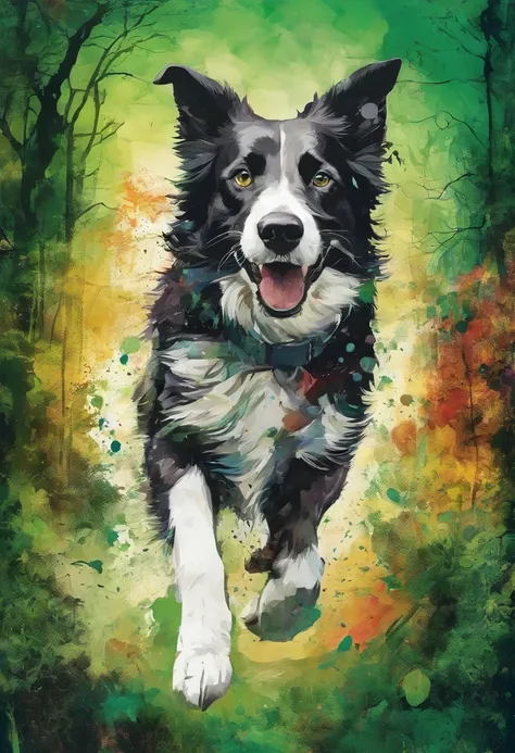 Rushing border collie darts through the air, danger, mouvement pressé impatience, posture galopante, regard urgent, green forest background :2 colorful ink painting ::2 art fantasy