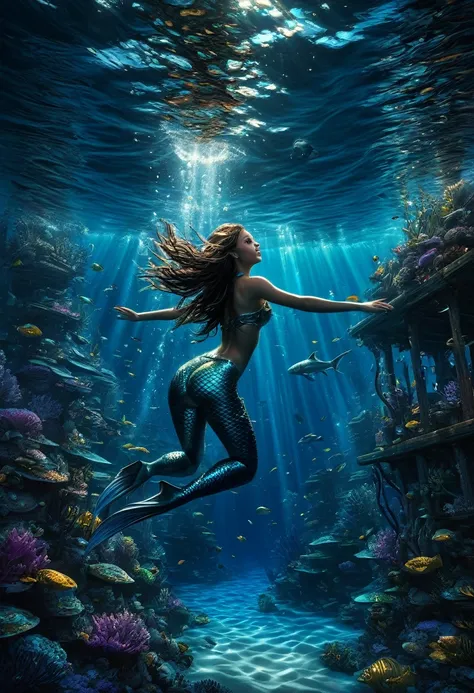 1girl, Diving, macro mermaid diving in the ocean; Epic cinematic brilliant stunning intricate meticulously detailed dramatic atmospheric maximalist digital matte painting Mark Brooks and Dan Mumford, comic book art, perfect, smooth oil painting by James Gu...