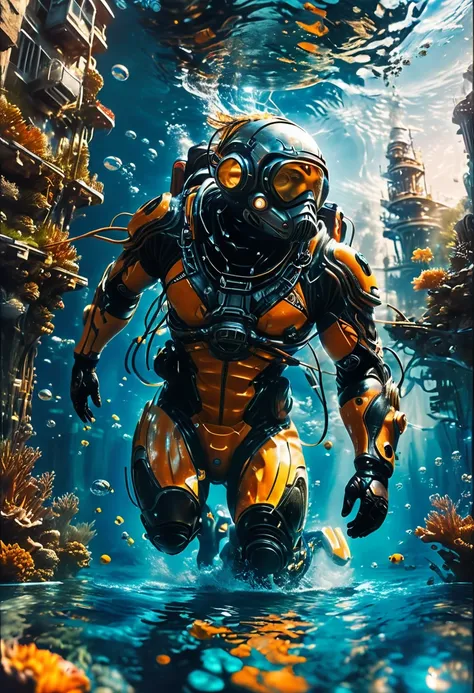 Diving man, Diving suit, underwater city, by Bjarke Ingels, best quality, masterpiece, very aesthetic, perfect composition, intricate details, ultra-detailed