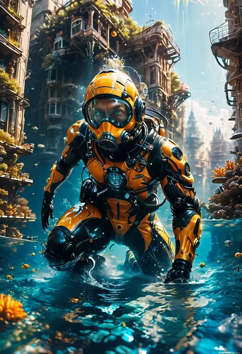 Diving man, Diving suit, underwater city, by Bjarke Ingels, best quality, masterpiece, very aesthetic, perfect composition, intricate details, ultra-detailed