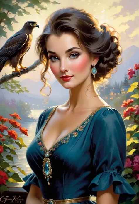 A beautiful woman with large elegant, hawk-like nose, who embodies old fashioned class, sophistication, elgance as well as wholesome, natural beauty. In the combined styles of painters Greg Rutkowski, Thomas Kinkade