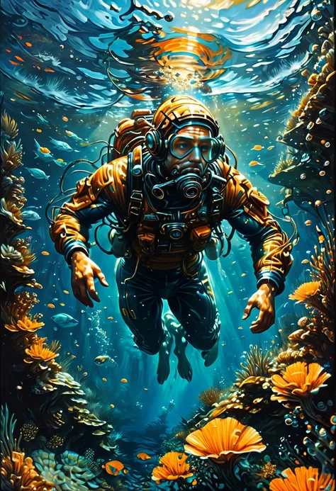 Diving man, underwater, by dan mumford, best quality, masterpiece, very aesthetic, perfect composition, intricate details, ultra-detailed