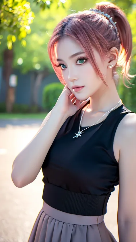 1 girl, 最high quality, masterpiece, High resolution, Pink Ponytail,Green Eyes、 Black mini skirt, Hair accessories, necklace, jewelry, Beautiful Face, Big Ass、Panties、I&#39;m looking forward to, Full Body View, Realistic, Outdoor, modern square, Two-tone li...