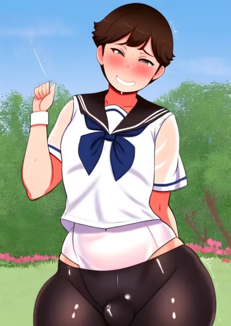 Solo, school sailor summer uniform, bike shorts, big butt, wide hips, short hair, brown hair, femboy, male boy, smug face, bratty boy, sideway, sideway perspective, masterpiece, blushing, see-through pants, visible crotch bulge, visible nipples