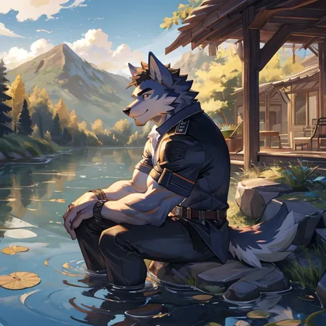 La mejor calidad en el mejor de los casos.), (obra maestra), (ultra-detallado), Sharp focus, niji, Eyes, Vista lateral，Stand with arms crossed sitting a lake,looking at the audience from the side. smile, pubis peludo, bichos_lobo_orejas de lobo, pelaje bla...