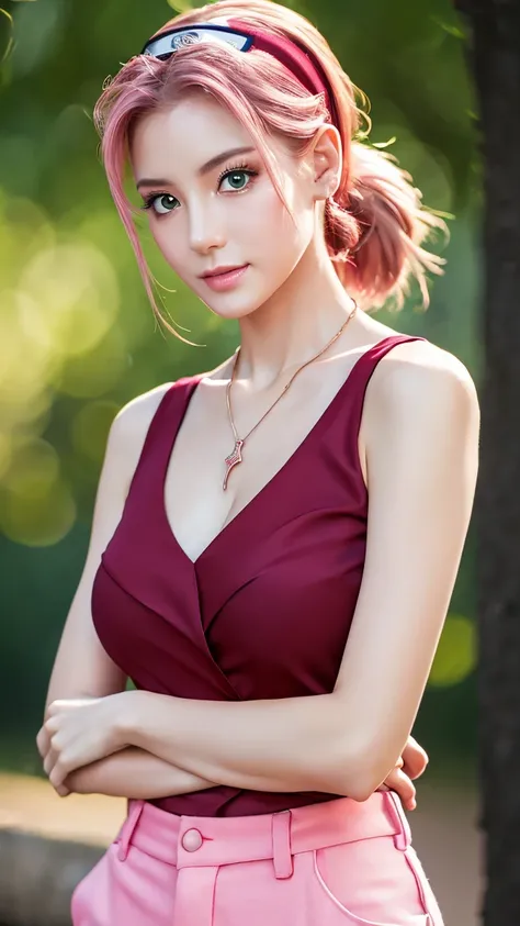 1 girl, 最high quality, masterpiece, High resolution, Pink Ponytail,Green Eyes、((Square neck shirt))、((flare pants))、(((whole body)))、Big Breasts、Cleavage, necklace(NARUTO forehead protector), jewelry, Beautiful Face,、I&#39;m looking forward to, whole bodyビ...