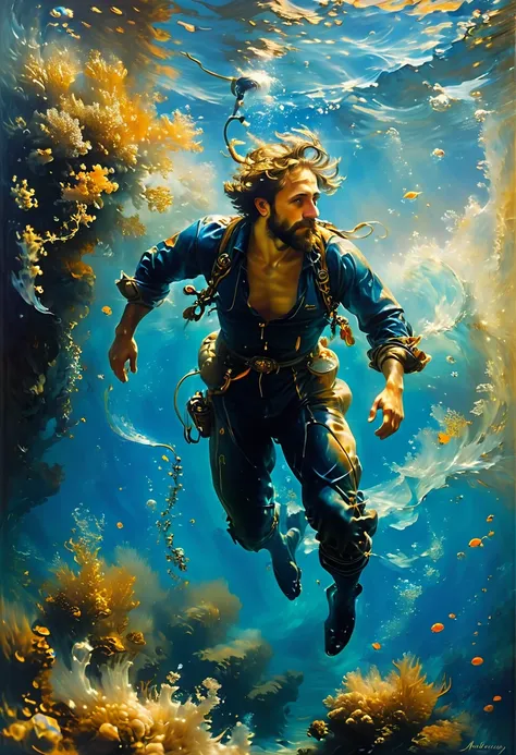 Diving man, underwater, by Ivan Aivazovsky,  best quality, masterpiece, very aesthetic, perfect composition, intricate details, ultra-detailed