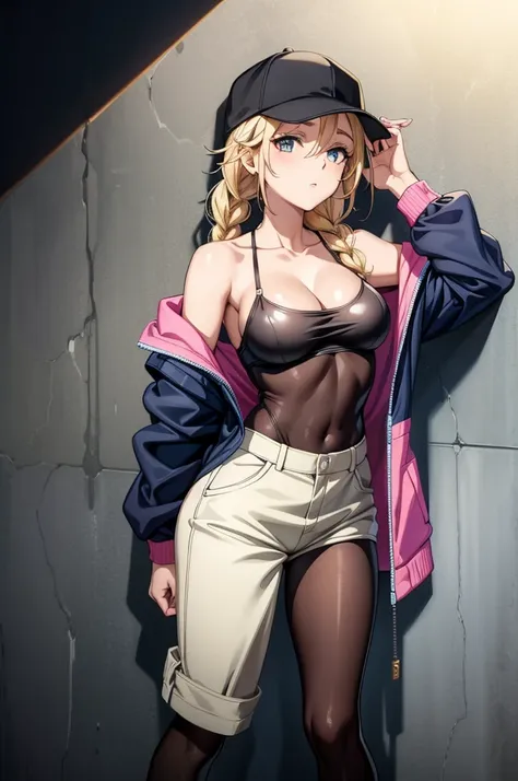 there is an attractive woman who is standing in a room by a wall, 1girl, breasts, solo, blonde hair, braid, cleavage, hat, long hair, twin braids, baseball cap, jacket, looking at viewer, covered navel, open jacket, open clothes, collarbone, black bodysuit...