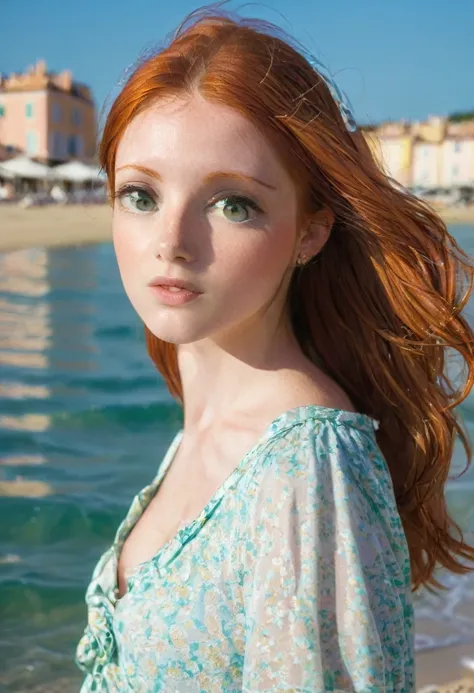 redheaded young woman on the beach in St-Tropez