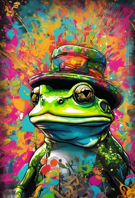 create a NFT of a frog. It is smart and wears a hat. He is happy and looking at a gold coin. The NFT should be in a basic drawing style.