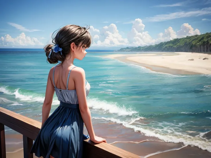 blue moment scenery、girl、seaside、looking into the distance