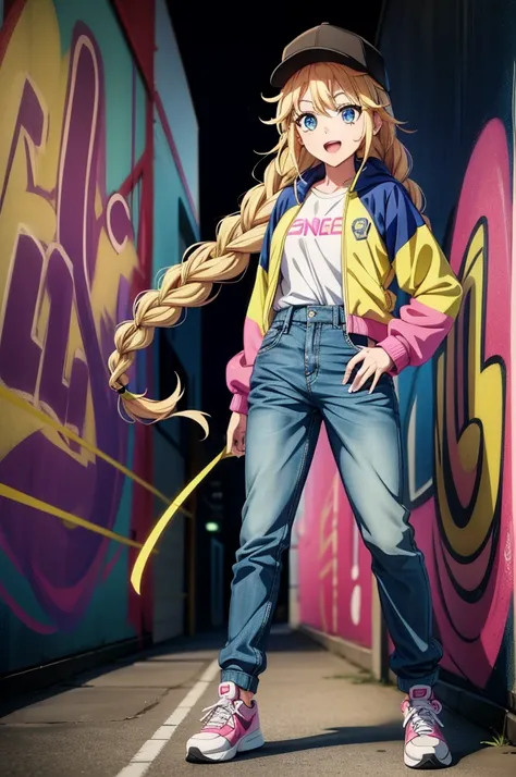 an anime image of a female anime character posing while standing near a graffiti mural, 1girl, hat, blue eyes, blonde hair, jacket, pants, braid, shoes, twin braids, sneakers, long hair, open mouth, smile, multicolored jacket, shirt, full body