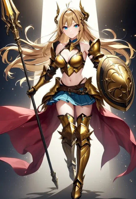 1girl solo long-hair shield blonde-hair weapon armor polearm breasts navel full-body boots black-background looking-at-viewer cl...