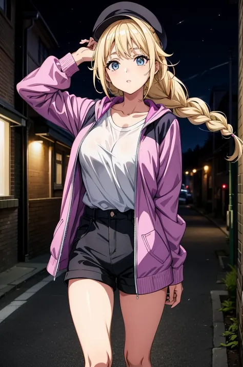 a blonde haired female character with blue eyes and purple hair standing on a city street, 1girl, blonde hair, braid, hat, long hair, white shirt, shorts, shirt, jacket, looking at viewer, solo, black shorts, outdoors, breasts, night, open clothes, parted ...