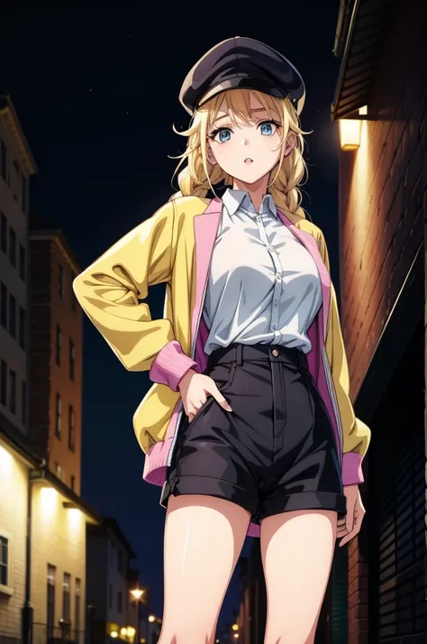 a blonde haired female character with blue eyes and purple hair standing on a city street, 1girl, blonde hair, braid, hat, long hair, white shirt, shorts, shirt, jacket, looking at viewer, solo, black shorts, outdoors, breasts, night, open clothes, parted ...