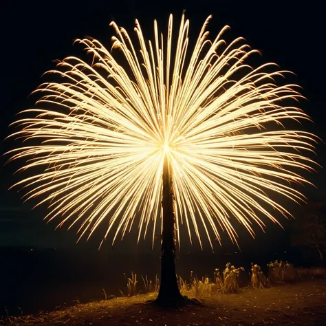 tree lit up at night, sparks are flying around, providing the only light source in the dark surroundings. the scene is dramatic ...