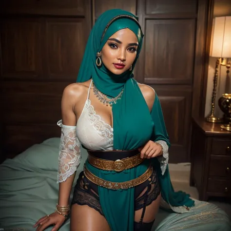 Malaysian girl ,malay, The whole body consists of a young girl with hijab, Eye makeup, 21yo, Cat ears, Soft lighting, Solo, Wear shabby clothes, Dirty, Tattered futuristic bikini, Cats paw badge, Pose, spot color, rendering by octane, Ultra-realistic intri...