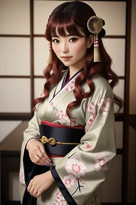 Red-haired woman from ancient Japan, traje tradicional japones kimono, cabello largo con fleco y abanico en una mano, tocado en el pelo 