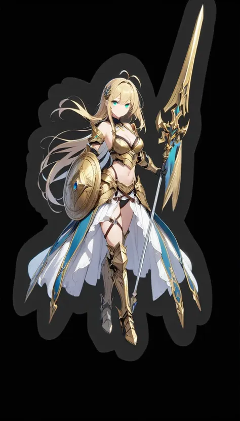 1girl, solo, long-hair, shield, blonde-hair, weapon, armor, polearm, breasts, navel, full-body, boots, black-background, looking...