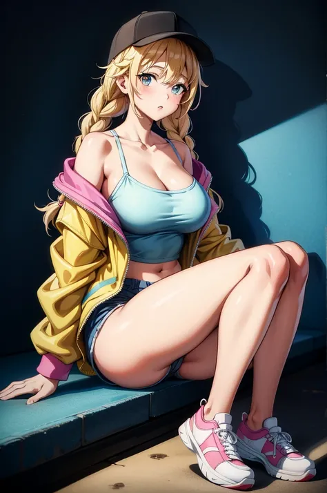 a video clip a cartoon woman is sitting there dressed in skimpy clothes, 1girl, solo, breasts, jacket, hat, braid, sitting, blonde hair, navel, open clothes, shorts, pantyhose, cleavage, off shoulder, shoes, hair ornament, open jacket, long hair, hairclip,...