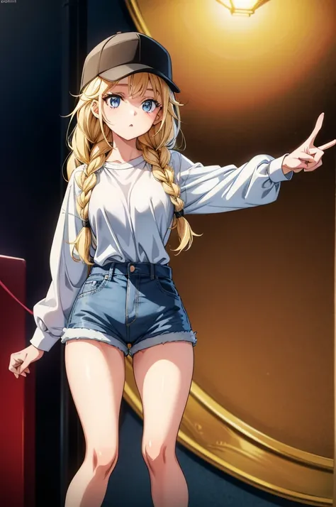 a beautiful cartoon girl standing with her side to the camera, as though pointing at something, 1girl, solo, twin braids, braid, shorts, blonde hair, hat, blue eyes, long hair, pantyhose, breasts, denim, denim shorts, long sleeves, looking at viewer, black...