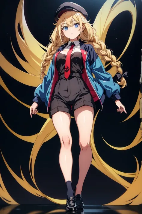 blonde haired girl in tight fitting blue jacket standing against black backdrop, 1girl, solo, blonde hair, braid, twin braids, pantyhose, shorts, long hair, blue eyes, hat, necktie, looking at viewer, shirt, jacket, red necktie, black headwear, breasts, wh...