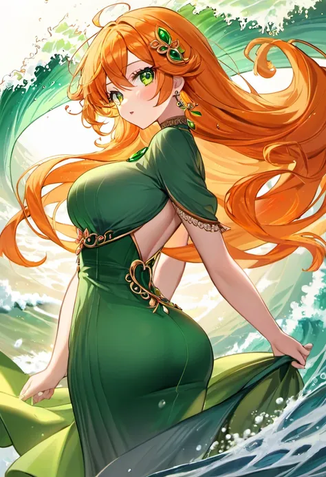 The womans hair is a fiery orange color, flowing down her back in soft waves. Her green luxury dress drapes over her curves, highlighting her hourglass figure. The dress features delicate embellishments of emerald-green silk, creating a striking contrast a...