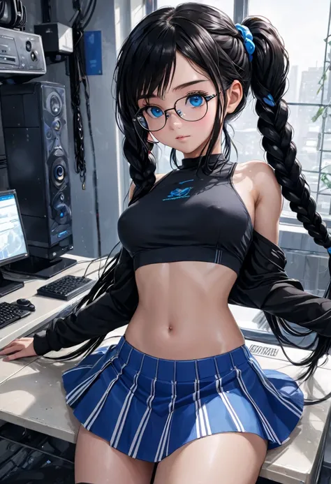 Best quality, ultra-detailed, 1 girl, black hair, two braids, blue eyes, glasses, mother, thong, skirt, Background room with computer, dynamic pose