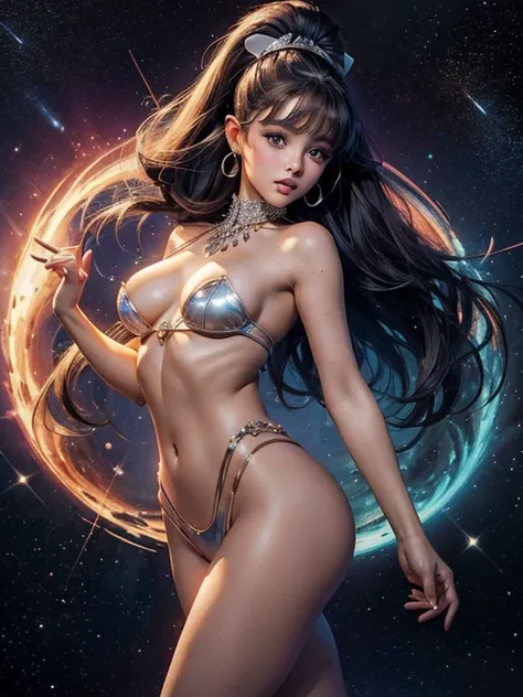 Genera una imagen de un Mujer sexy con gran culo similar a Ariana Grande desnuda de cintura para abajo usando solo sujetador. La mujer suspira silenciosamente aliviada.. termina en un grupo de orbes brillantes, Similar to a constellation of stars.