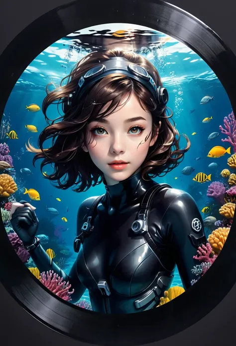 image of underwater girl with Diving suit on center of Black vinyl record, cover design, package design, minimalism art, (masterpiece, best quality, Professional, perfect composition, very aesthetic, absurdres, ultra-detailed, intricate details:1.3)