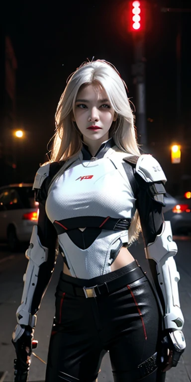 photorealistic, high resolution, soft light,1women, solo, hips up, (detailed face), white long hair, cybersamurai, cyborg, cyberpunk,  cyber armor, holding weapon,glowing,gun, sniper, on the street