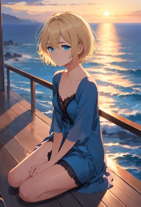 17 years old Women, ((Blonde)), ((Blue eyes)), ((Short hair)), ((Full Body)),on an open terrace looking melancholy at the sea at the sunset, posing sexy in a transparent black negligee