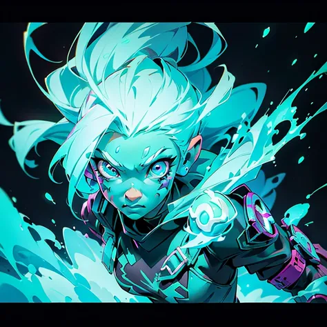 Girl beautiful slimes, league of legends splashart, dark street, pulsing energy, ability image, avatar image ((Trigger studio style, graffiti art, rock punk, cubo neon colors))), 5:2
