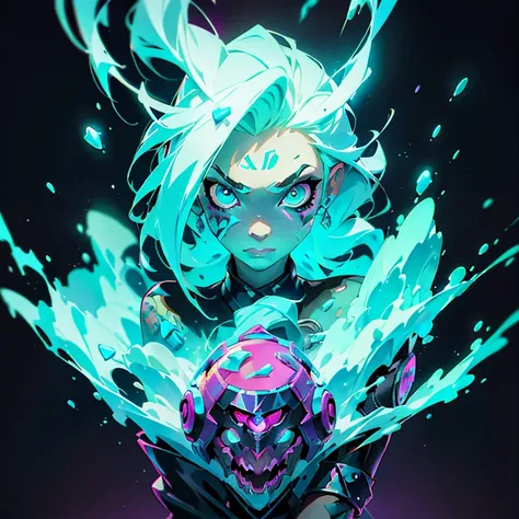 Girl beautiful slimes, league of legends splashart, dark street, pulsing energy, ability image, avatar image ((Trigger studio style, graffiti art, rock punk, cubo neon colors))), 5:2
