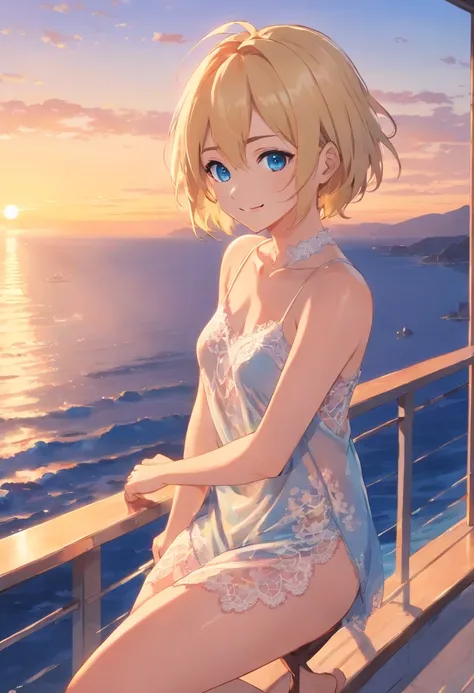 17 years old Women, ((Blonde)), ((Blue eyes)), ((Short hair)), ((Full Body)),on an open terrace smiling at the sea at the sunset, posing sexy in lace underwea, touching hair with left hand