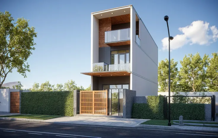 townhouse, (modern style:1.2), exterior design, perspective view, (white wall:1.3), (block sidewalks and asphalt roads), (day sk...