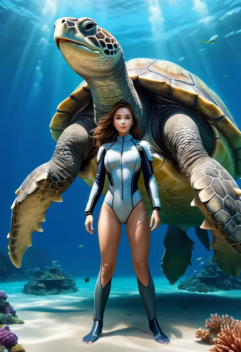 Diving suit girl standing under a super huge monster turtle shaped, (masterpiece, best quality, Professional, perfect composition, very aesthetic, absurdres, ultra-detailed, intricate details:1.3)