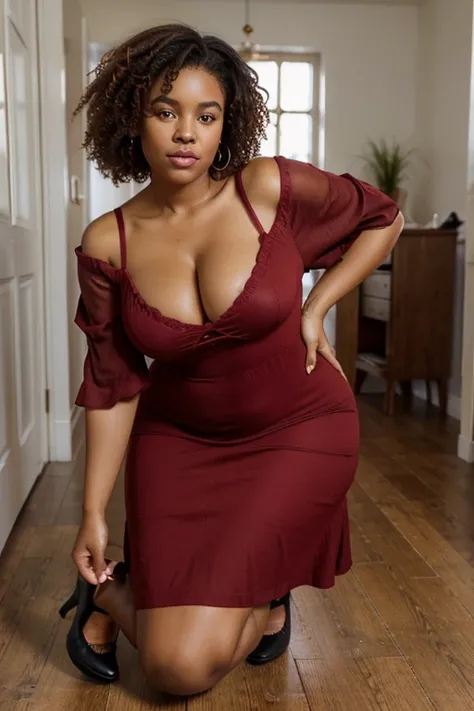 real image black woman with curly afro hair and beautiful very light brown eyes ,peau claire, elle sourit , Elle a 30 ans, she weighs 160 kilos and measures 1m72, elle porte une belle robe rouge courte moulante , chaussures rouges,debout de la tete aux pie...