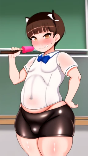 Solo, femboy, male boy, cute boy, japanese school white sailor summer uniform, dark brown bike shorts, shiny brown spats, brown short spandex, wet clothing, short height, stocky body, big butt, wide hips, plump thighs, bottom heavy, slim belly, flat chest,...