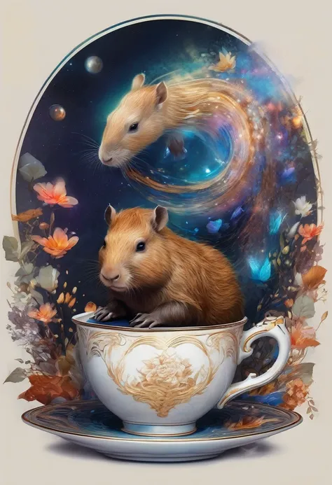 A Capybara, capybara, Capybara sleeping in teacup; cascading sugar;; blowing mist;; cinnamon cobalt and ivory, endless starscape, intricately detailed, fantasy, hyperdetailed, 8k resolution, masterpiece, stunning splash art Jordan Grimmer, Ross Tran,, and ...