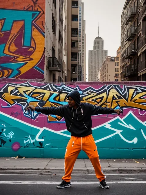 (One man),((Street Dancer)),south bronx hiphop, hip hop, wrap ,Graffiti art, against the backdrop of the city, Intricate details, Super detailed , Cinema Soft Light, Exposure Blending, High Dynamic Range, front