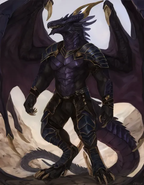 anthro male bahamut, by oouna, muscular male, rough thick scales, masculine body, detailed, claws, wings, gorgeous detail, masterpiece, abs, armor, topless, digitigrade