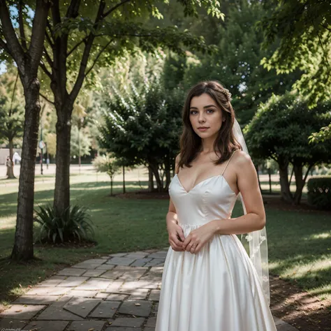 jeune femme de 25 ans, brune, professional lighting, flash lighting, wearing a silk wedding dress, in a parc