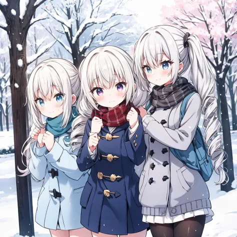 {best quality}, {very aesthetic}, {ultra-detailed}, {best illustration}, girl,park, silver hair,((twin drills)),huge breasts,Outdoor,((Embarrassed)),((winter服 歳学校制服)),winter,Snow Scene,blazer,Checkered scarf,,((white breathing)),,tights,,glove,(close up),d...