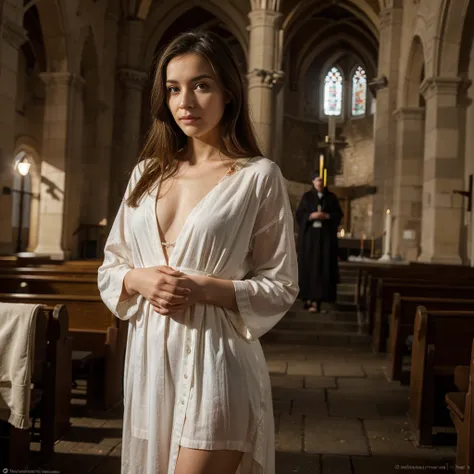 jeune femme de 25 ans, brune, professional lighting, flash lighting, in a church, portant une robe de mariée de princesse